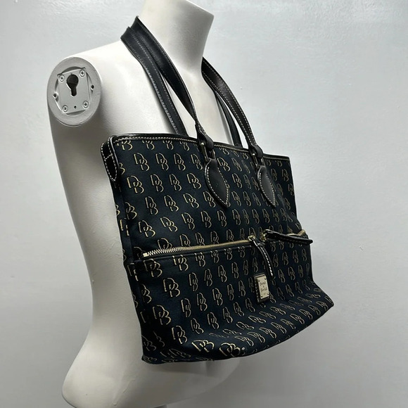 Dooney & Bourke Purse Tote Shoulder Bag Monogram D&B Canvas Black Navy Blue Tan - Picture 2 of 11